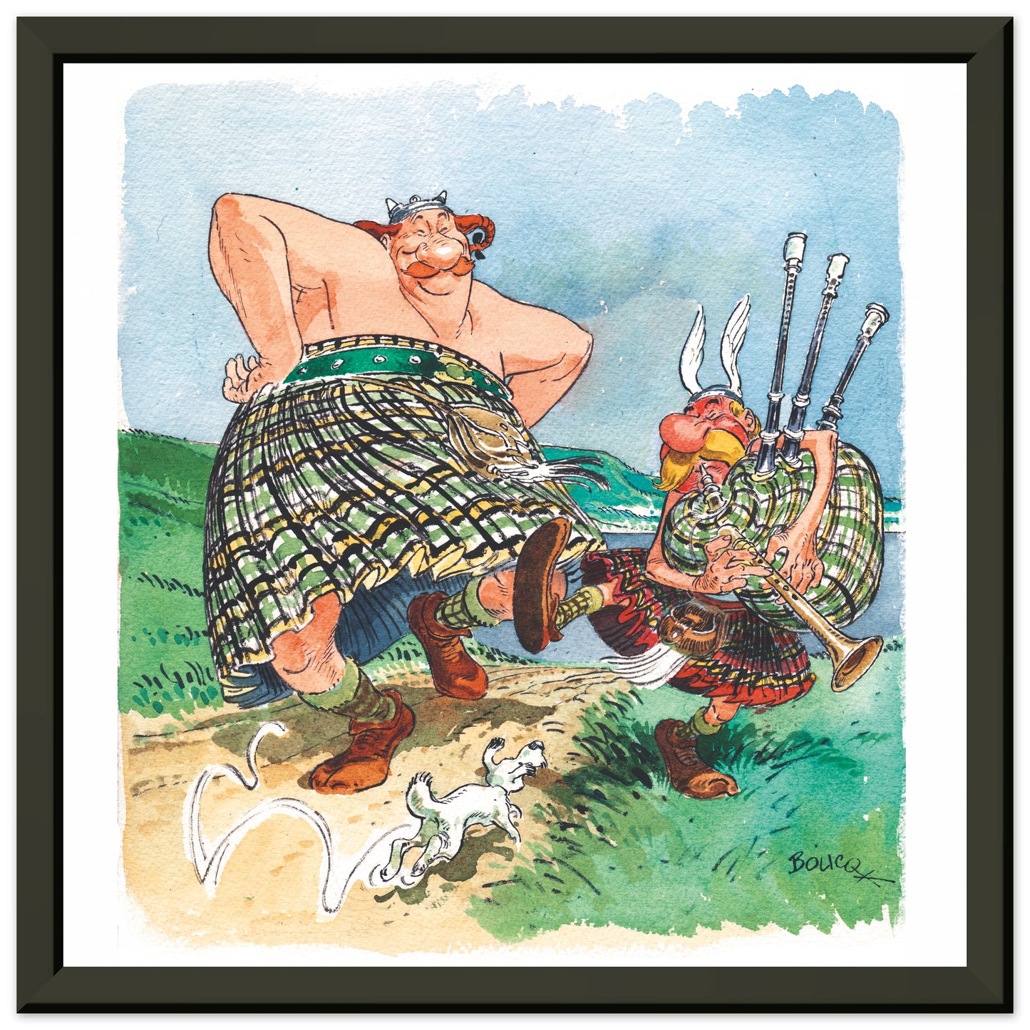 Astérix et Obélix en Écosse , reproduction aquarelle format 30x30cm avec cadre