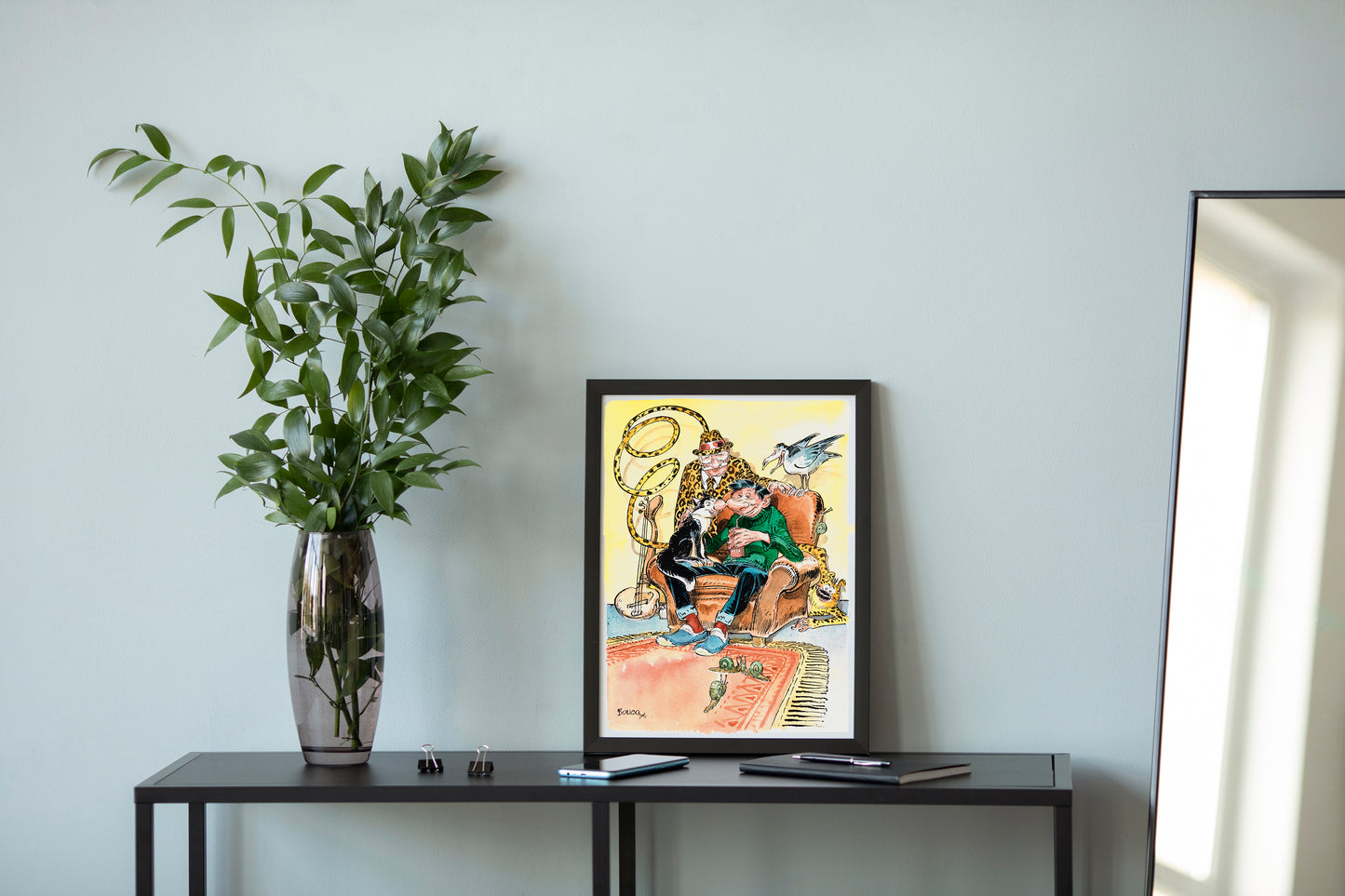 Gaston et Moucherot, reproduction aquarelle format 30x40cm avec cadre