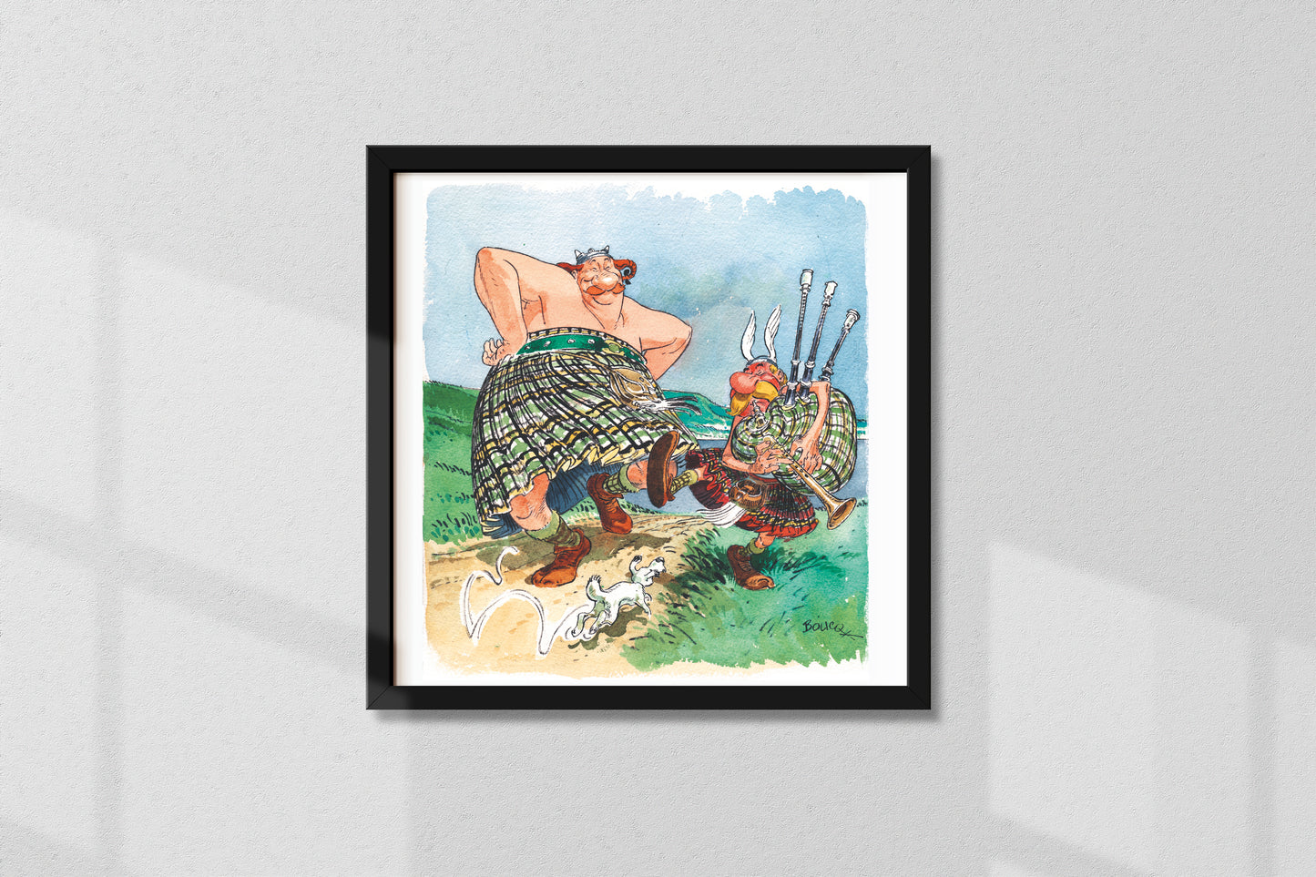 Astérix et Obélix en Écosse , reproduction aquarelle format 30x30cm avec cadre